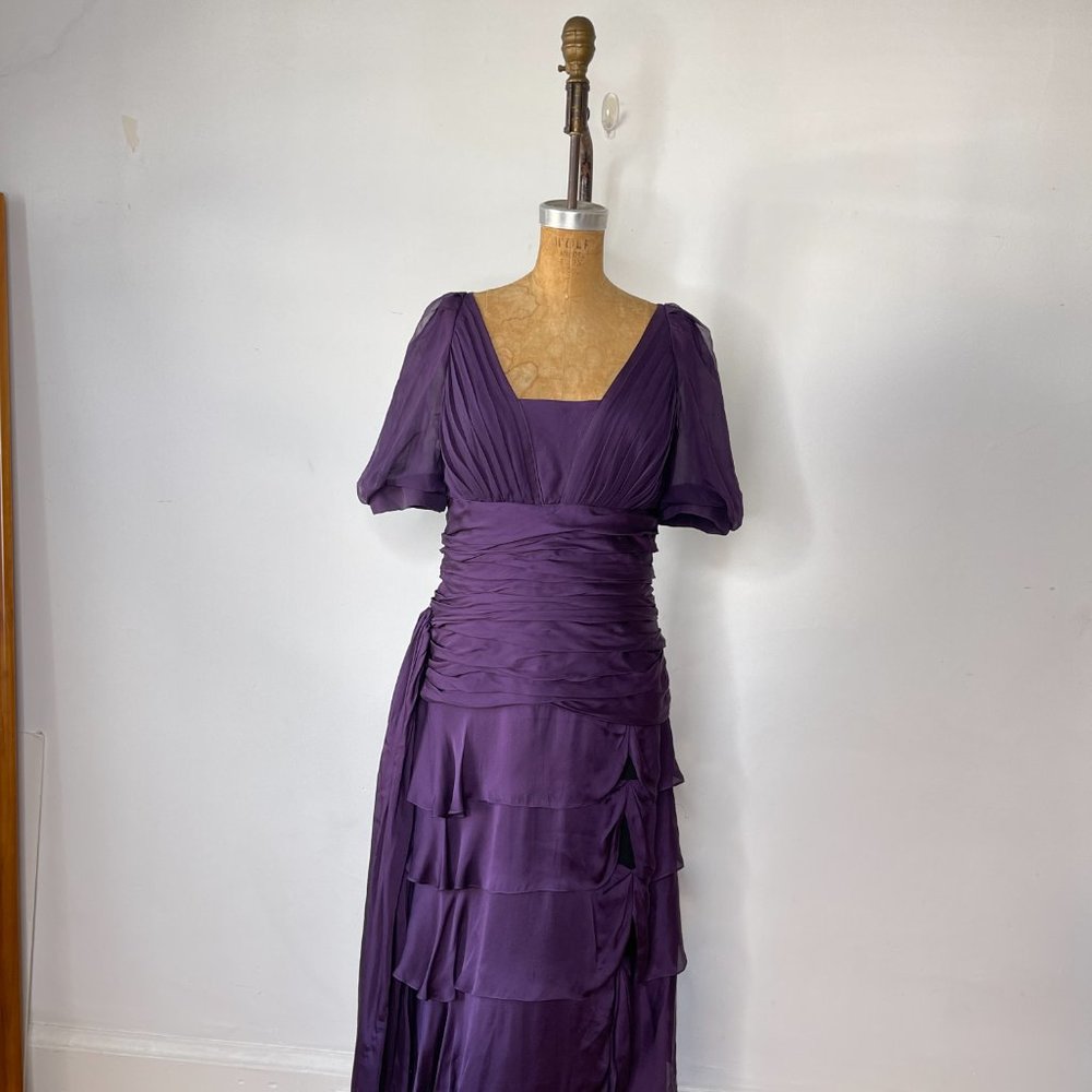 J. Mendel Paris Ruffled Tiered Short Sleeve Silk Evening Dress In Purple Size 10 - Picture 2 of 13